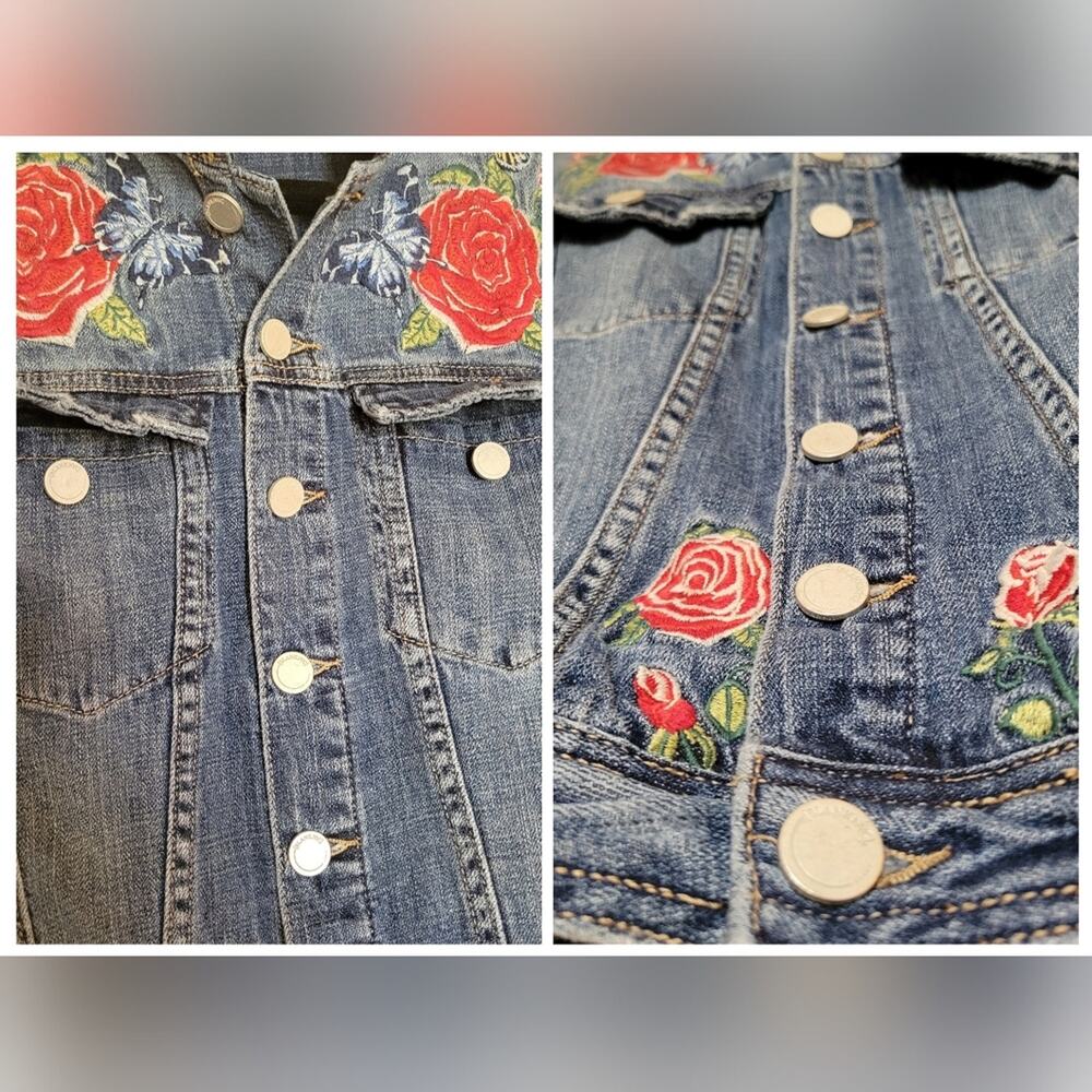 Blank NYC Floral Rose Butterfly Embroidered Distressed Denim Jean Jacket✨️XS - Picture 14 of 16